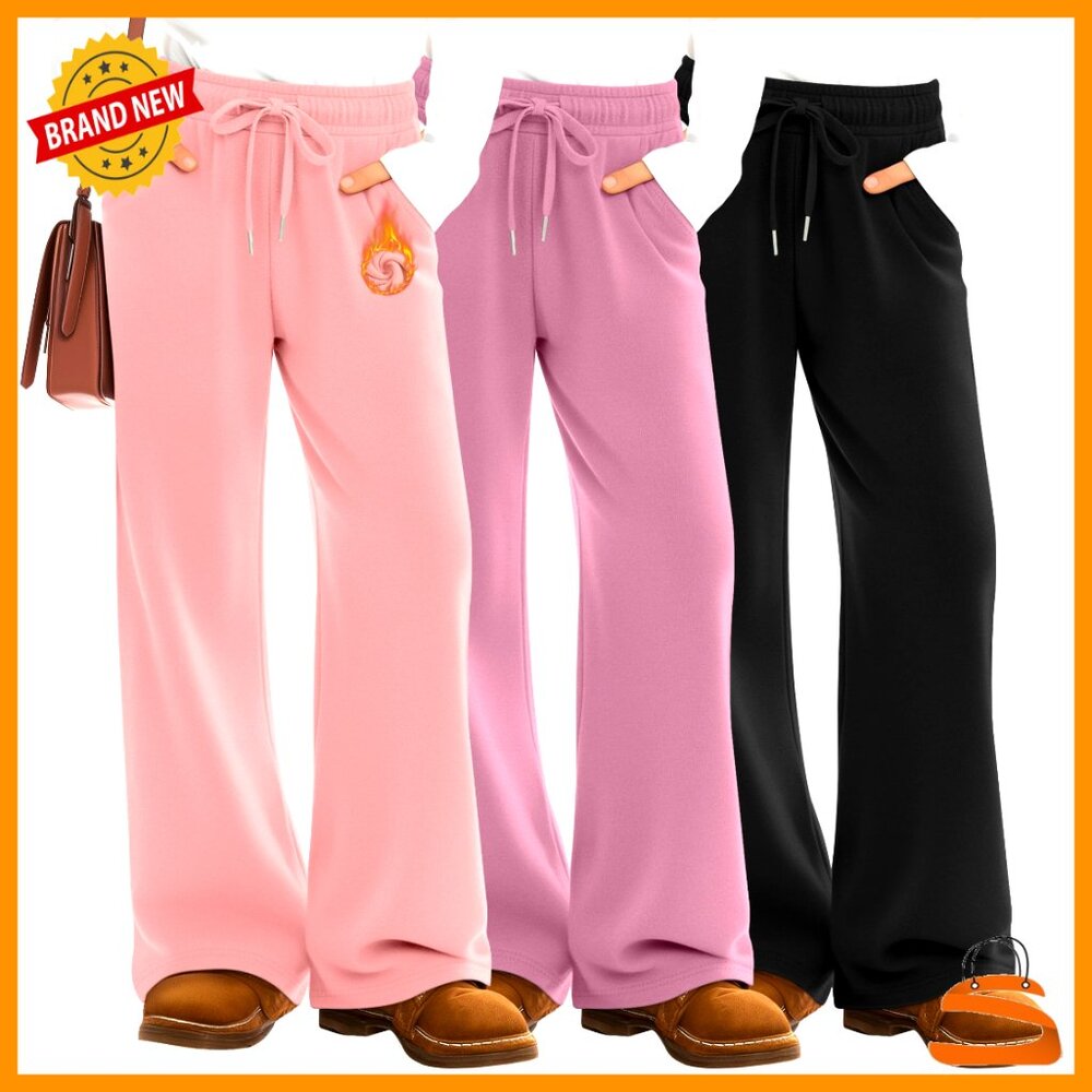 Girls' Fleece Sweatpants 3-Pack Wide Leg Drawstring Joggers With Pockets